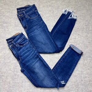 2 Pair American Eagle Hi-Rise Jegging Jeans Size 00 Dark Wash‎ Distressed Bundle